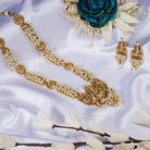 Luxurious temple long necklace with white pearls radiates opulence and refined elegance for festivals.
