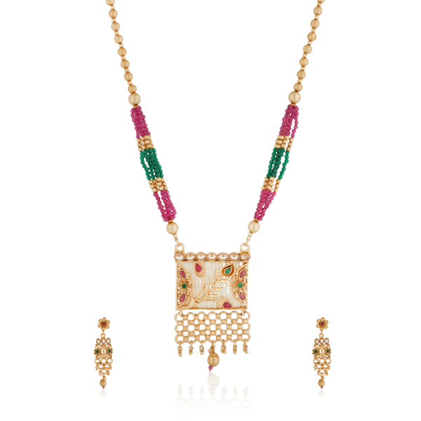 Vibrant gold long necklace with multicolor stones enhances festive attire with vibrant elegance
