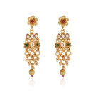 Vibrant gold long necklace with multicolor stones enhances festive attire with vibrant elegance
