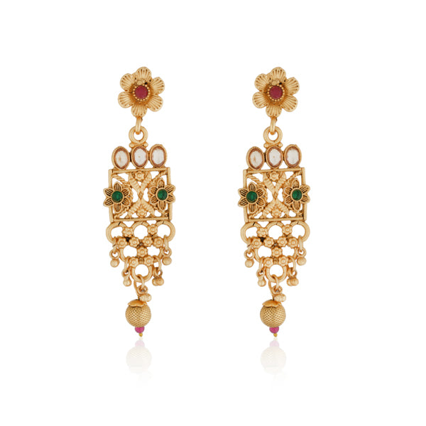 Vibrant gold long necklace with multicolor stones enhances festive attire with vibrant elegance
