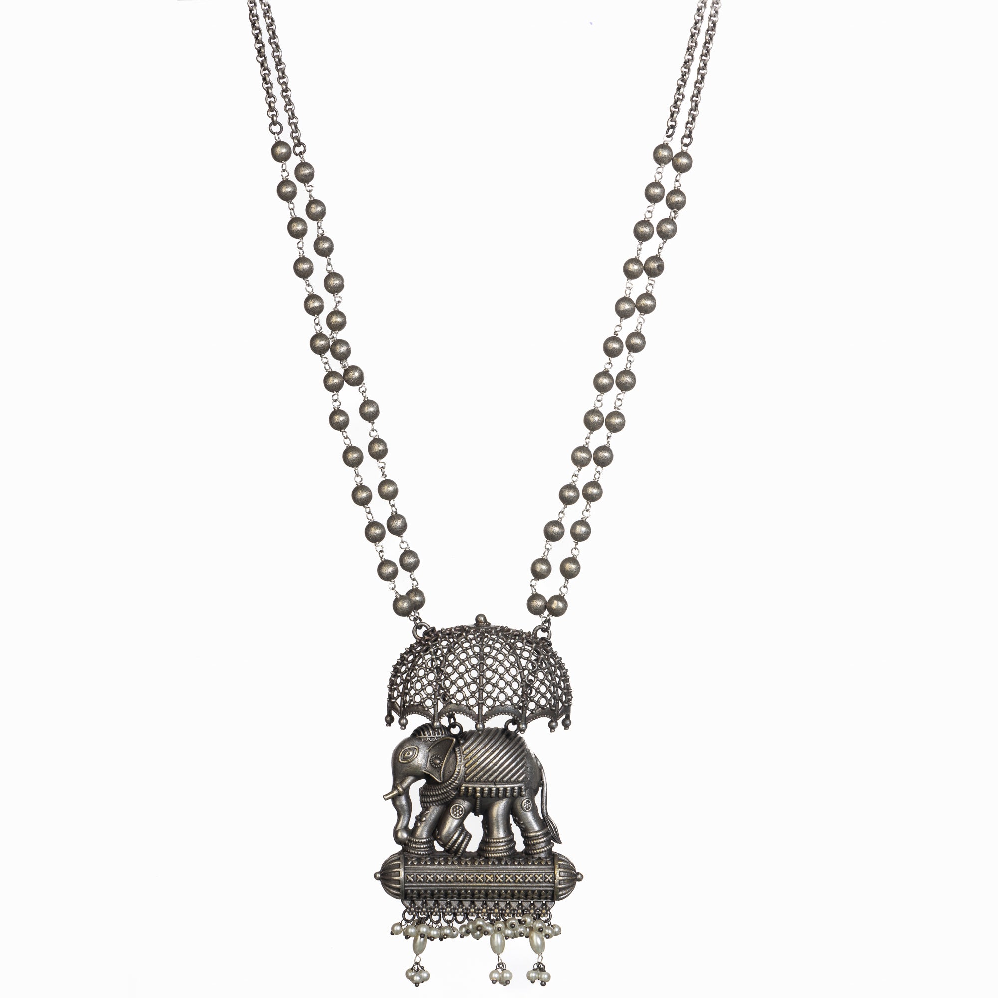 "Oxidized long necklace with umbrella, elephant motifs, and white pearls exudes vintage elegance."
