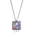 "Oxidized long necklace with Radha Krishna image brings spiritual charm."
