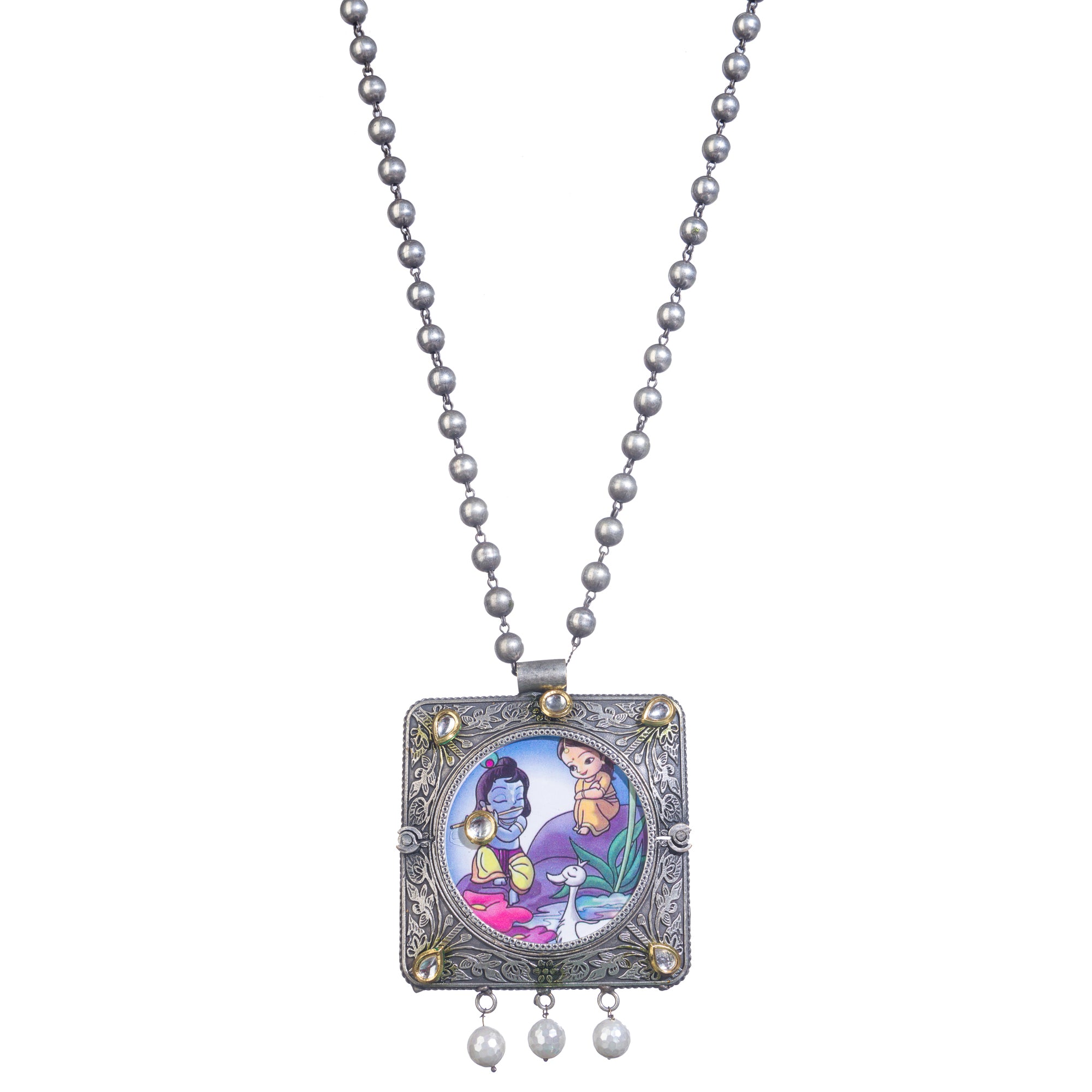 "Oxidized long necklace with Radha Krishna image brings spiritual charm."
