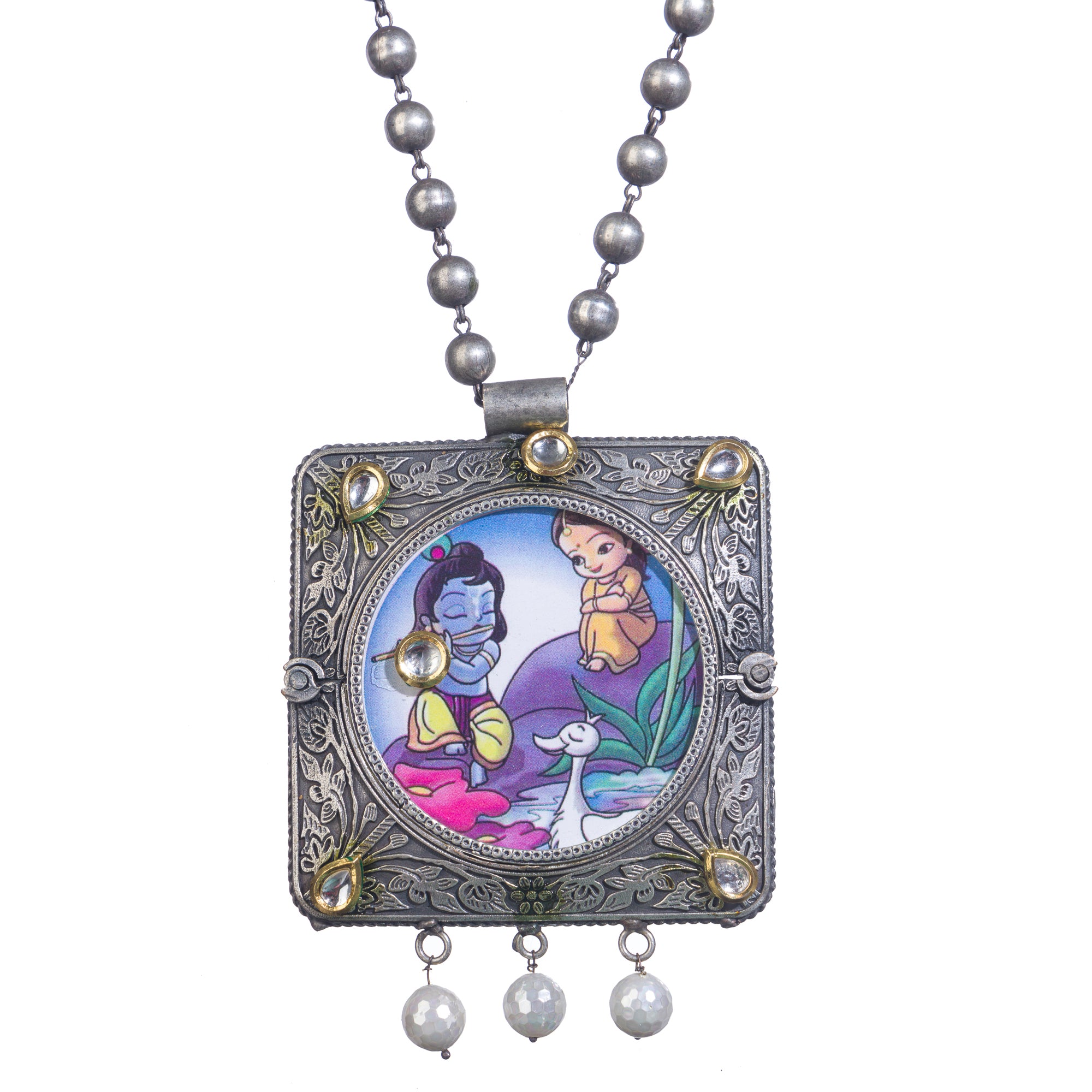 "Oxidized long necklace with Radha Krishna image brings spiritual charm."
