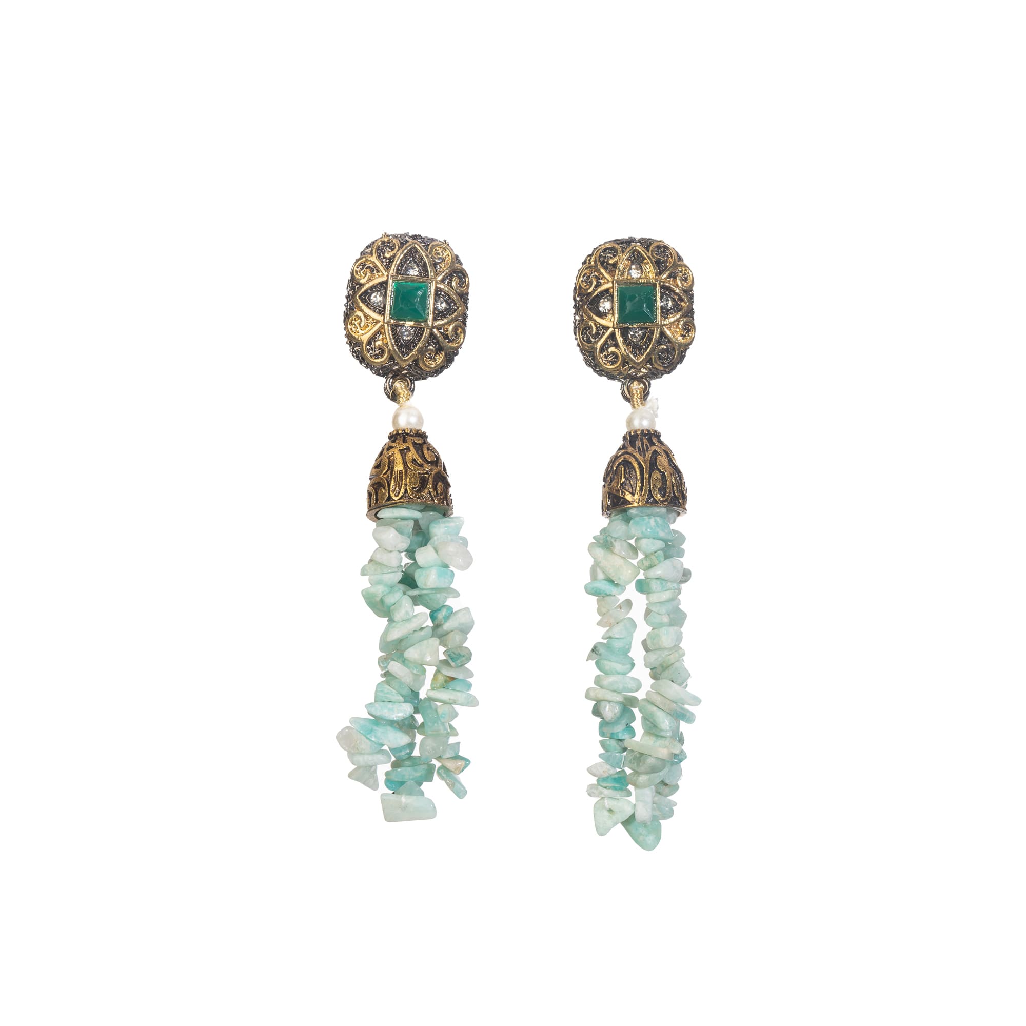 "Gold-tone long necklace with green sea stone offers a refreshing, natural touch."
