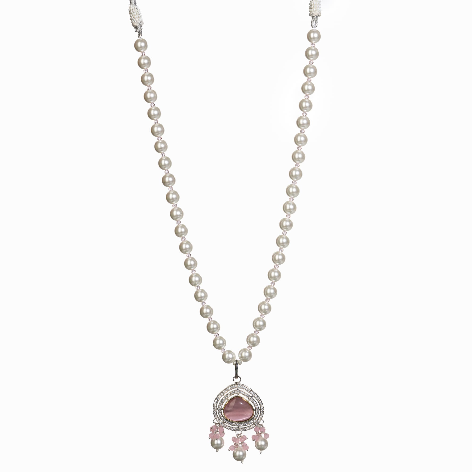 "Graceful pink pendant on a white pearl long necklace for a feminine touch."
