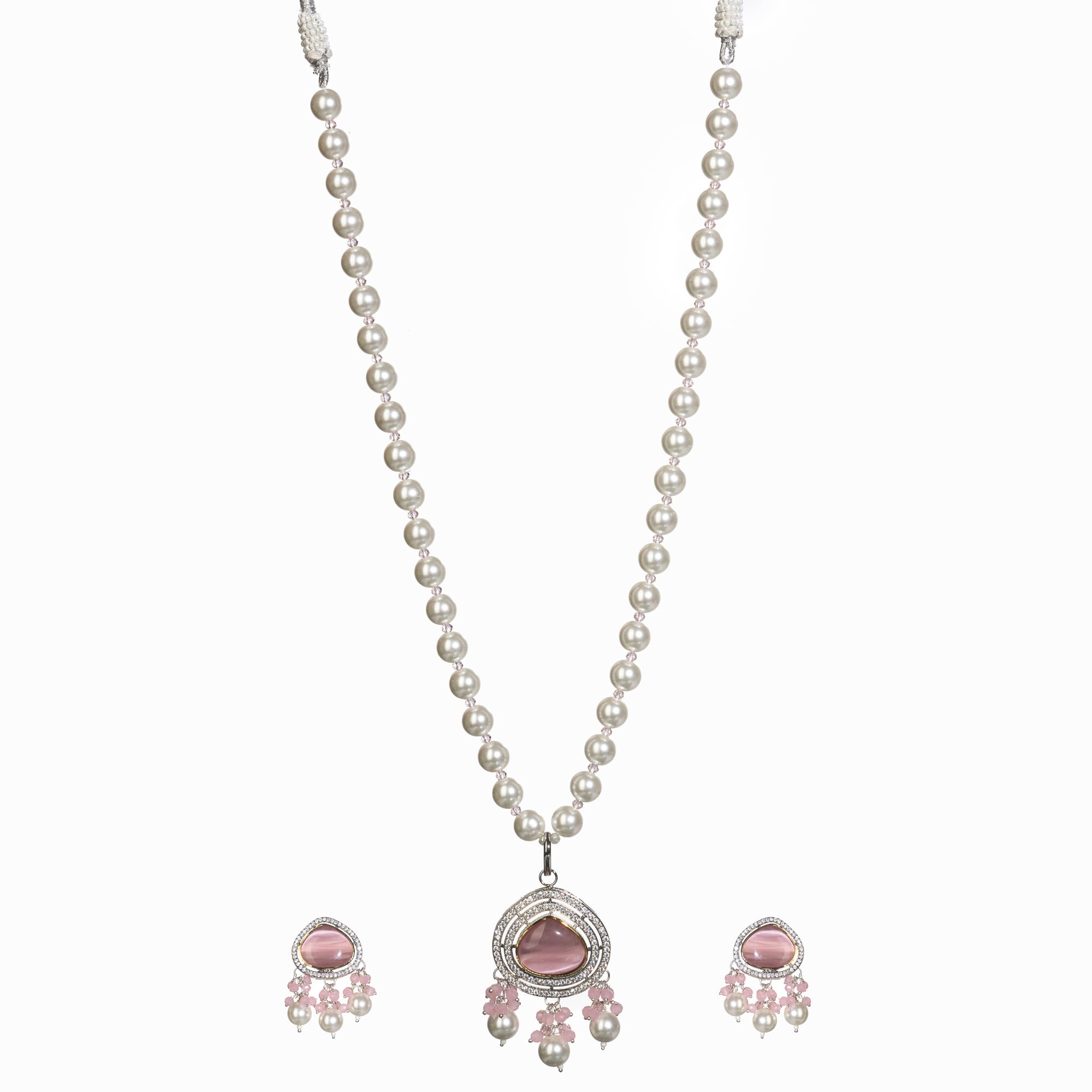 "Graceful pink pendant on a white pearl long necklace for a feminine touch."
