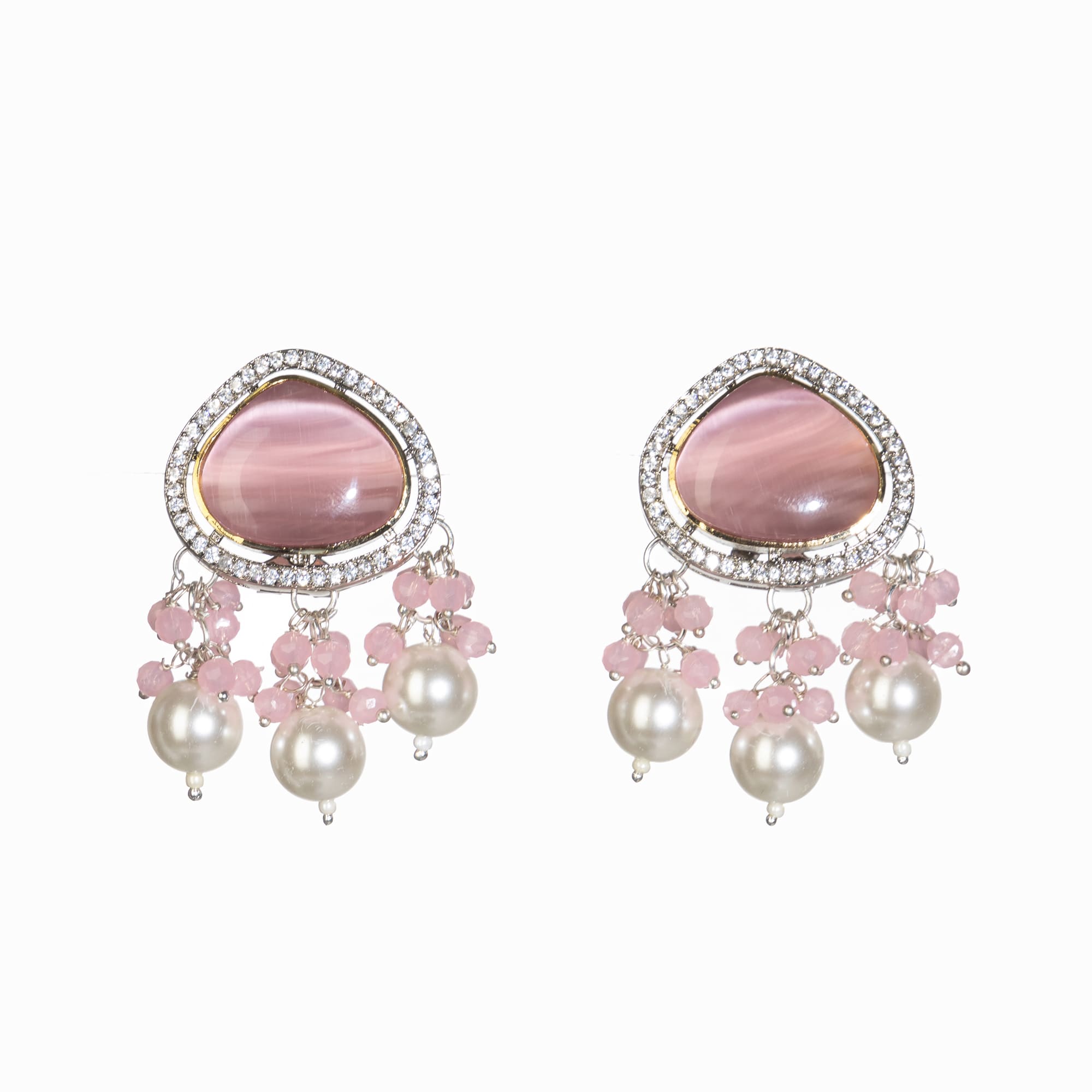 "Graceful pink pendant on a white pearl long necklace for a feminine touch."
