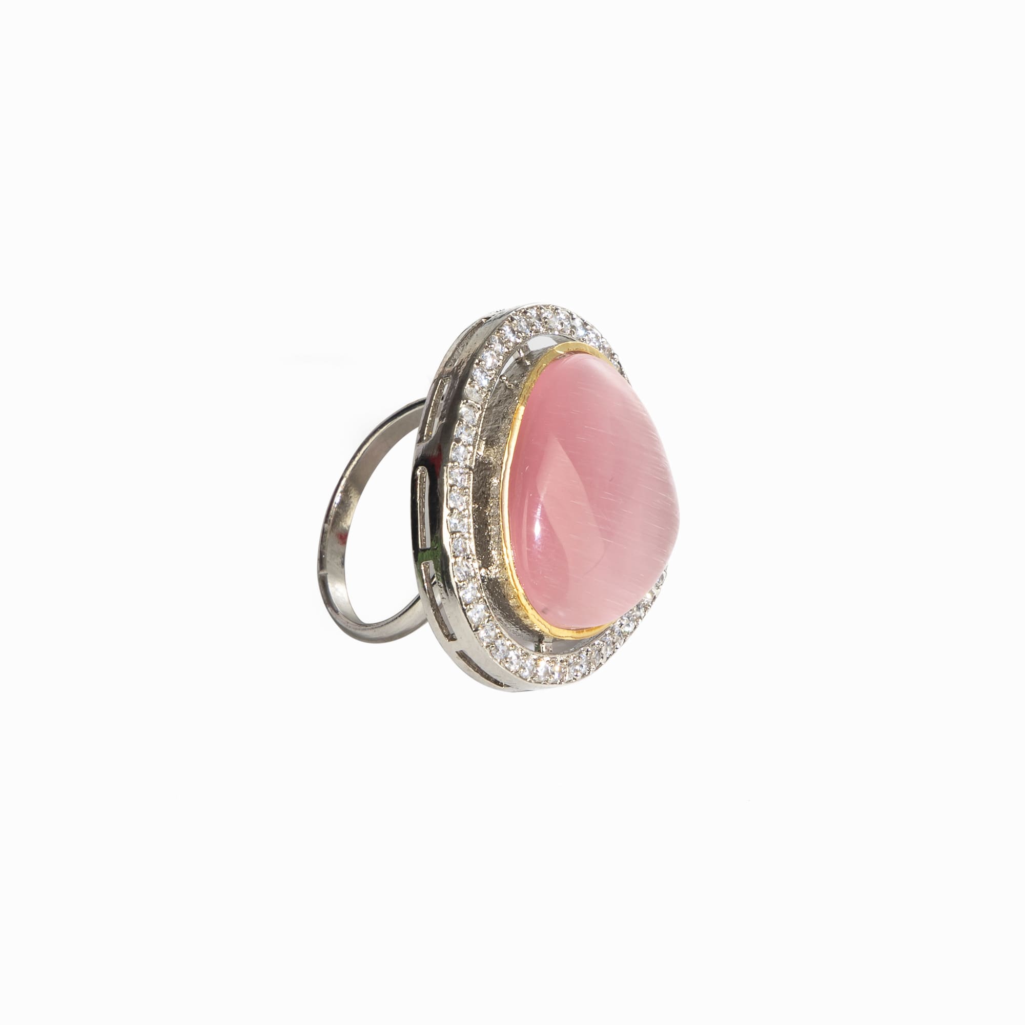 "Graceful pink pendant on a white pearl long necklace for a feminine touch."

