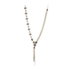 "Elegant white pearl long necklace with golden accents for a glamorous finish."
