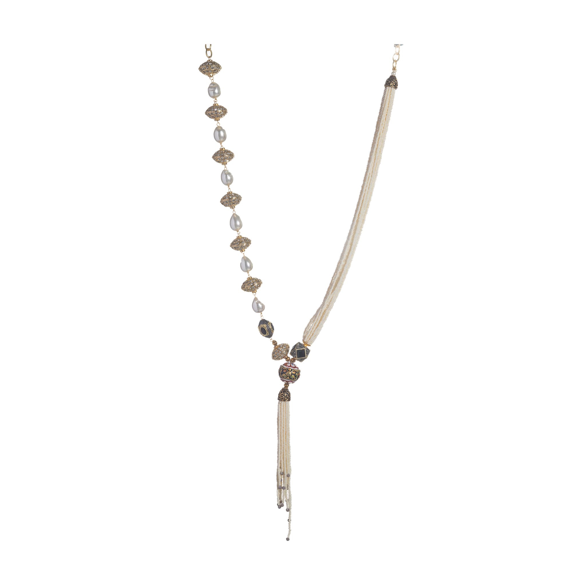 "Elegant white pearl long necklace with golden accents for a glamorous finish."
