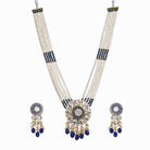 "Maharani long necklace with blue Kundan and white pearls for royal sophistication."
