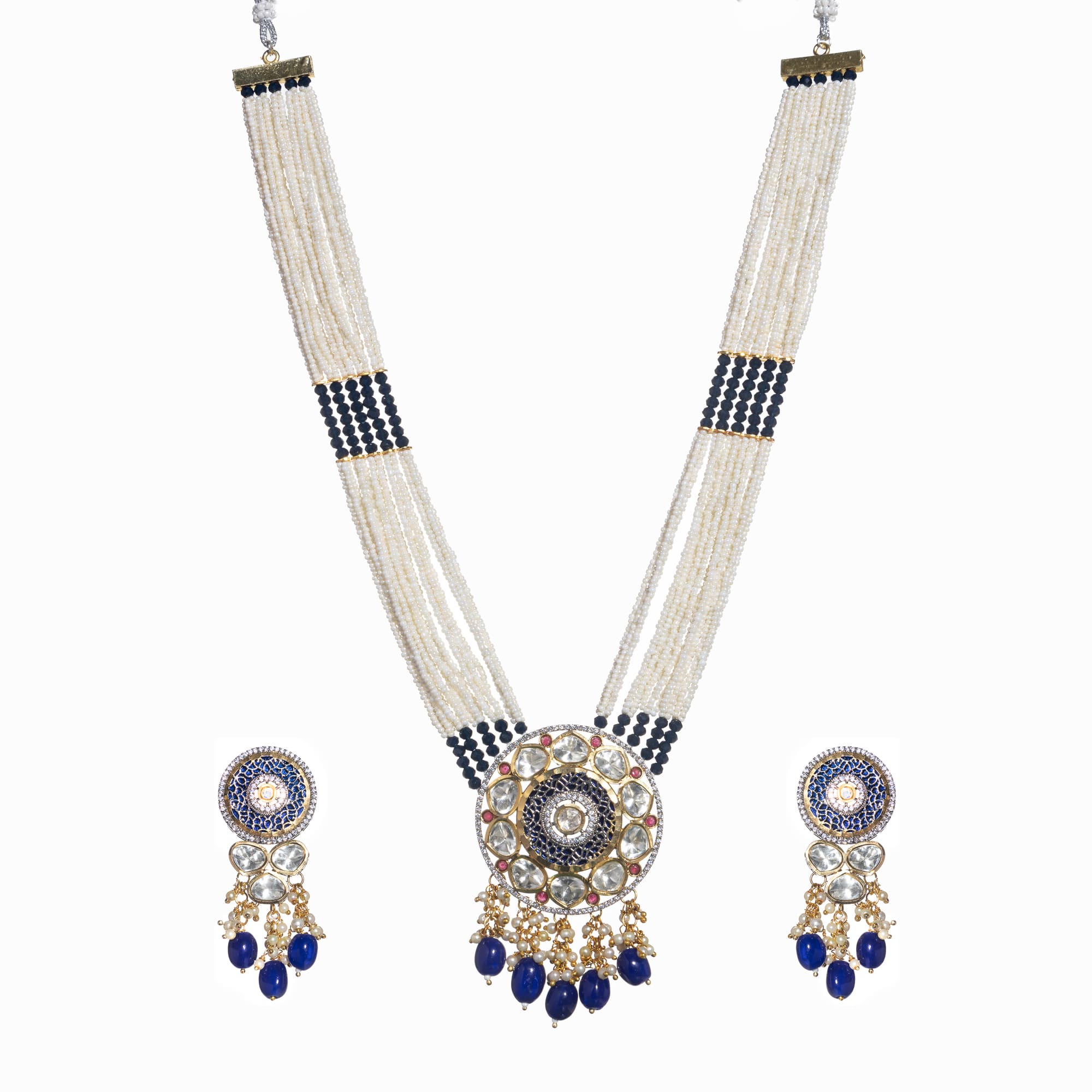 "Maharani long necklace with blue Kundan and white pearls for royal sophistication."
