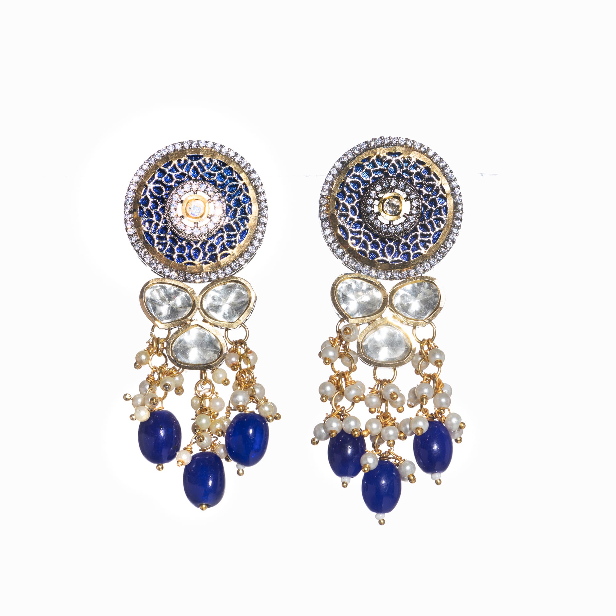 "Maharani long necklace with blue Kundan and white pearls for royal sophistication."
