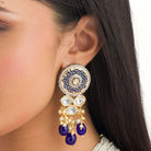 "Maharani long necklace with blue Kundan and white pearls for royal sophistication."
