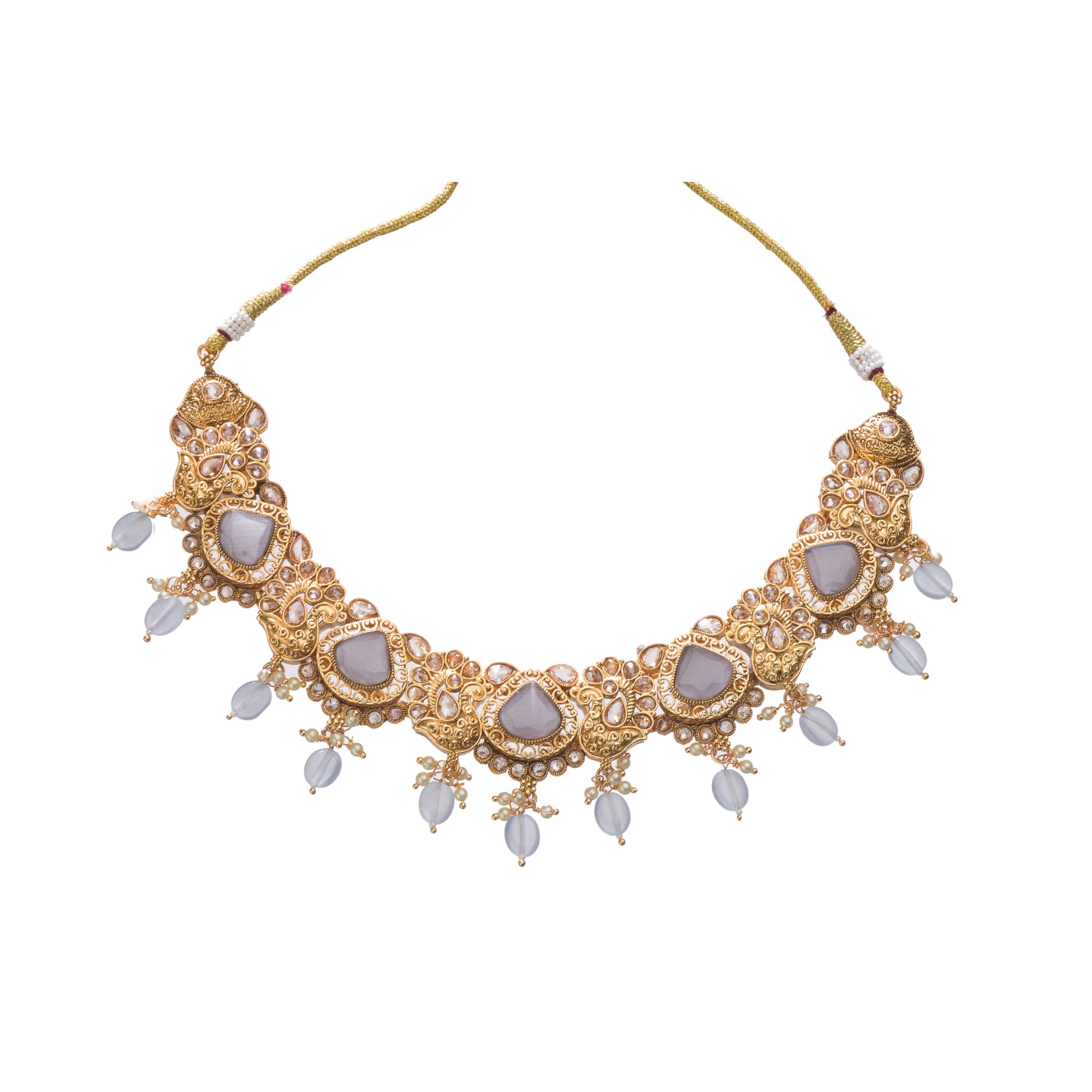 "Gold-tone necklace with grey stones and Kundan for a chic, modern appeal."
