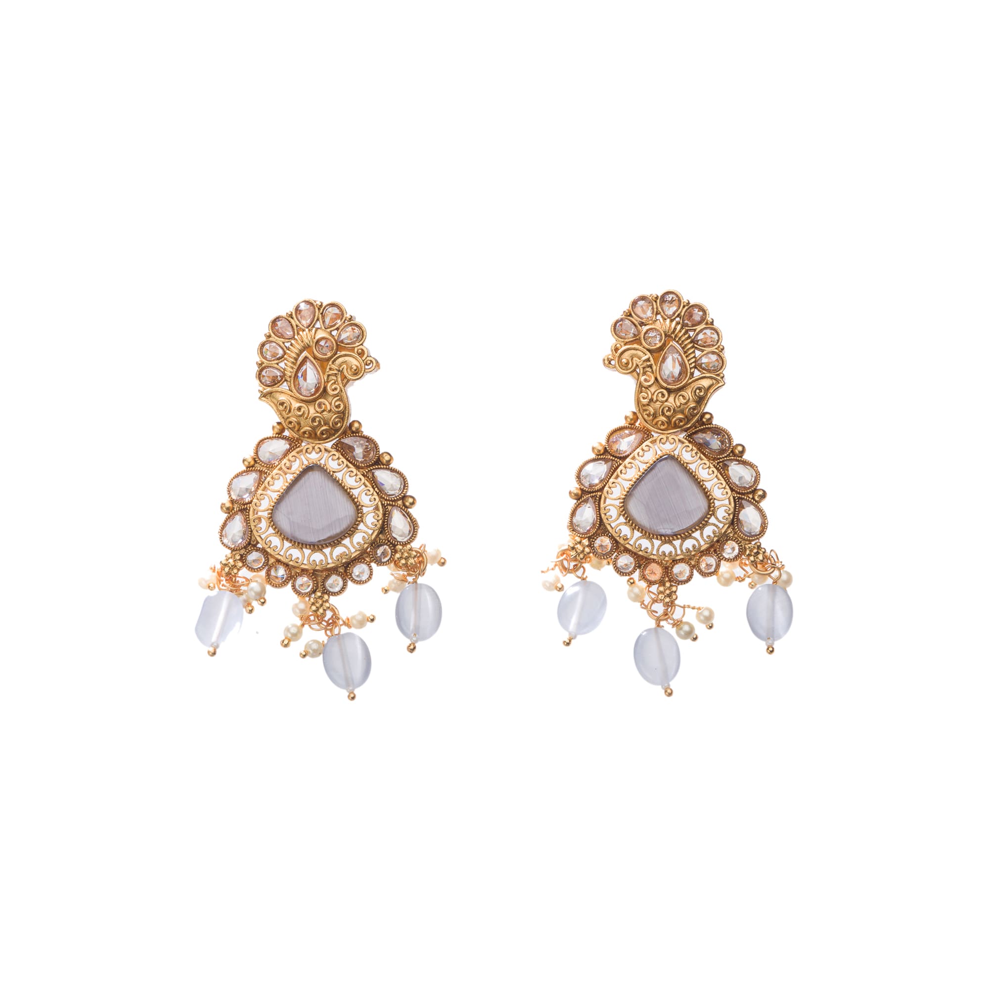 "Gold-tone necklace with grey stones and Kundan for a chic, modern appeal."
