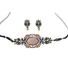 Oxidised choker set with multi-colour stones for a vintage-inspired, antique finish.
