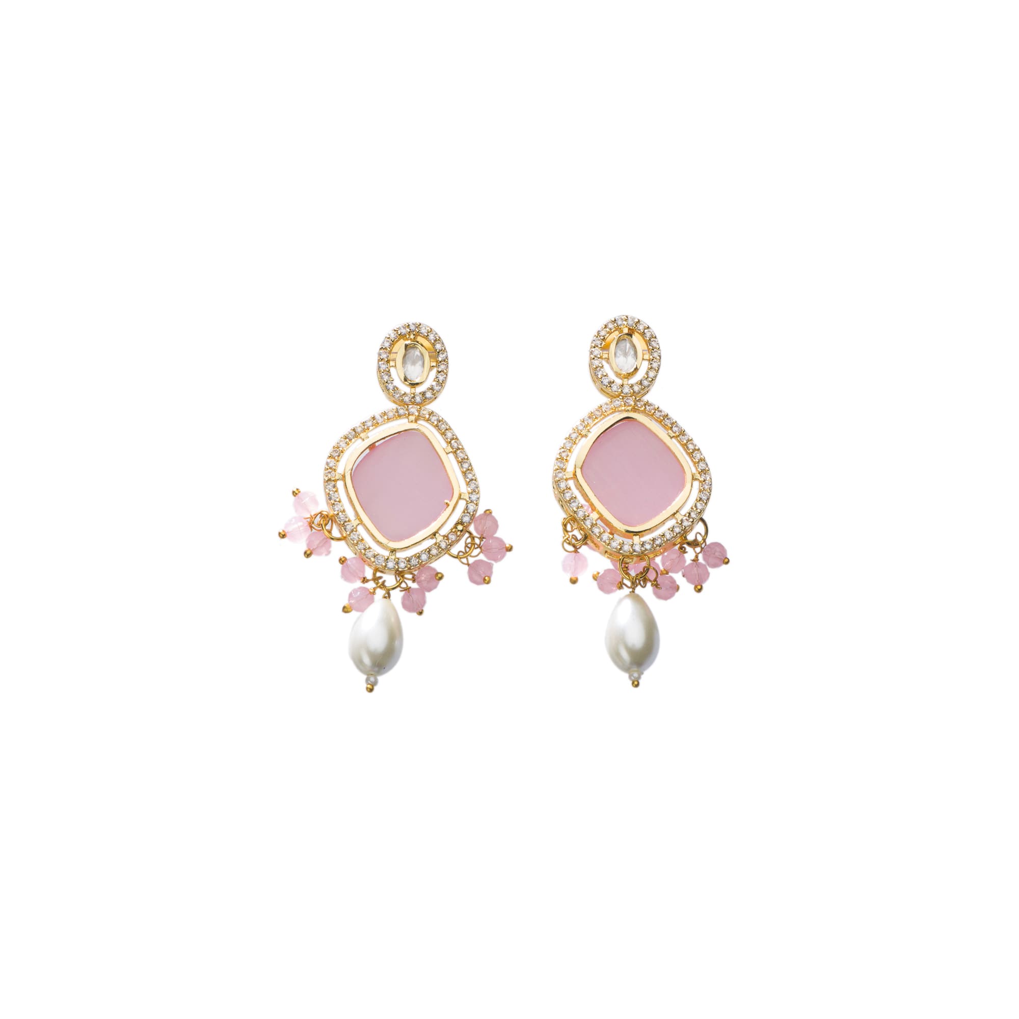 "White pearl necklace with a pink stone, combining classic and vibrant elegance."
