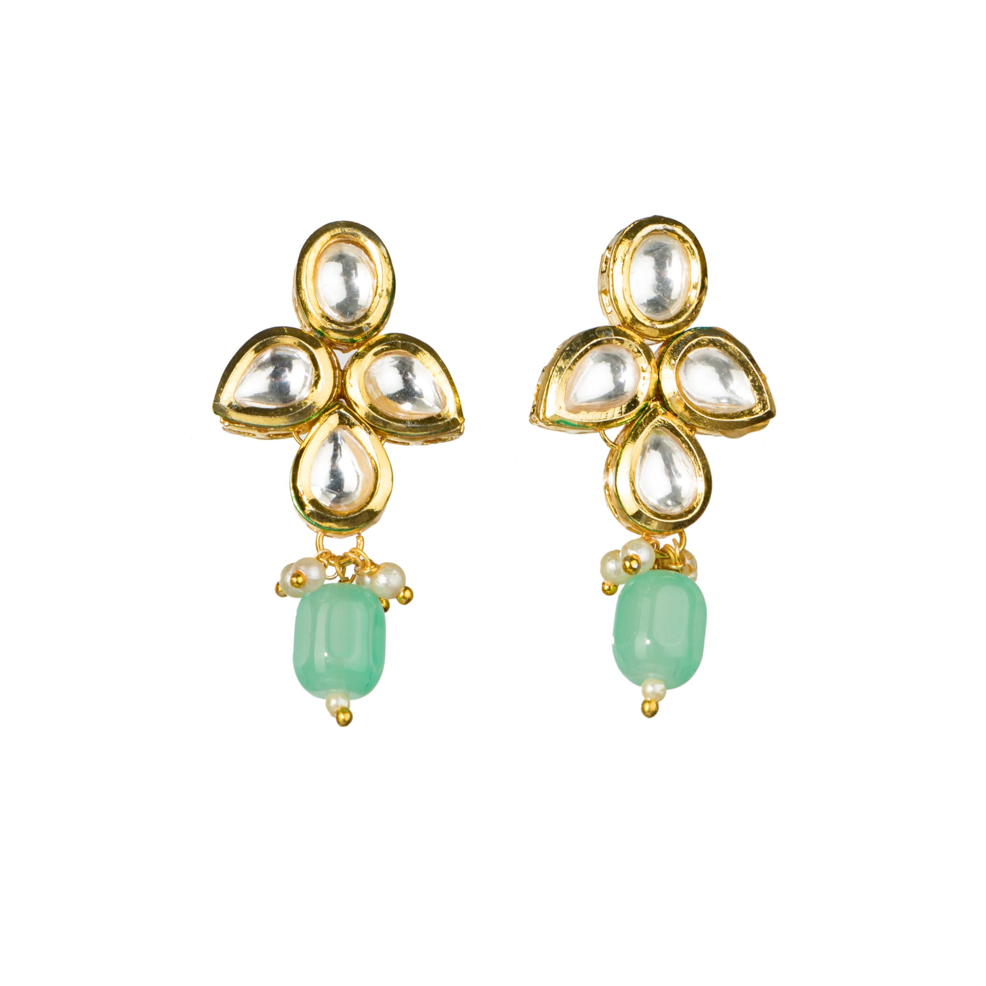 "Light green kundan necklace radiates vibrant, elegant charm."
