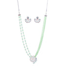 "Light green pearl long necklace in rose gold for a fresh, elegant look."
