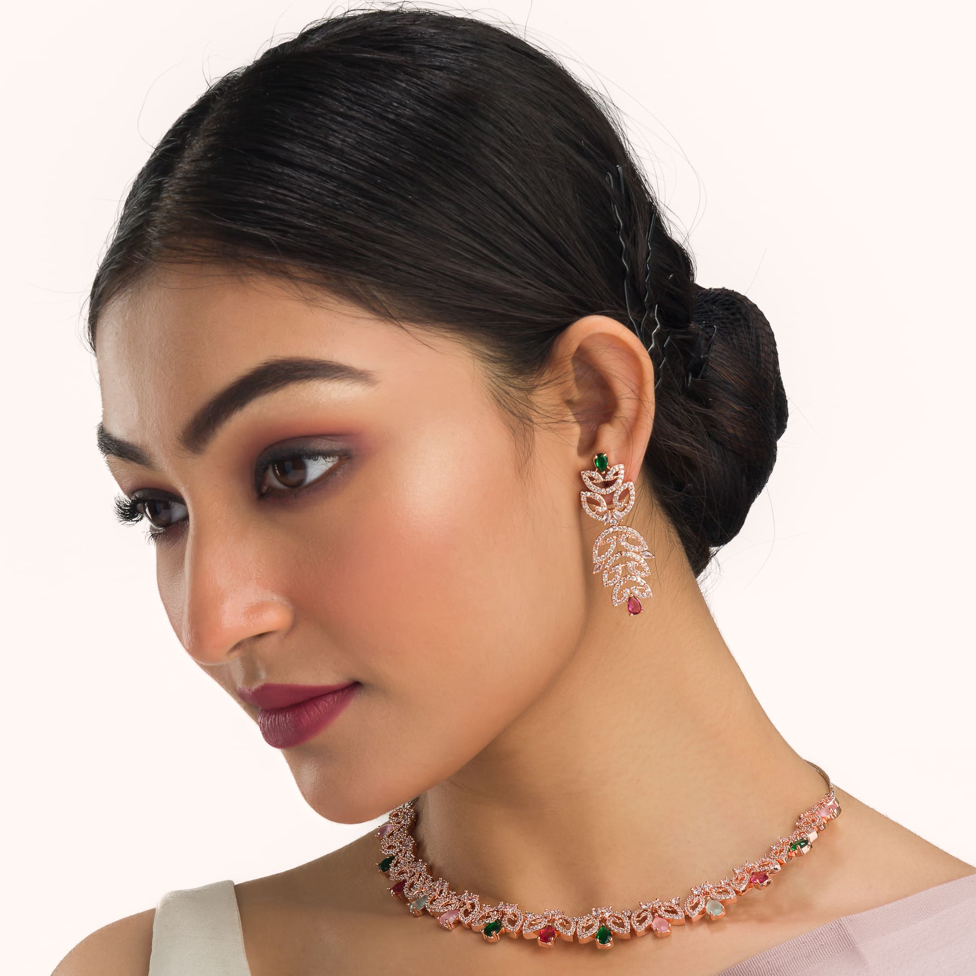 Rose gold necklace set with multi-color zircon for vibrant sophistication
