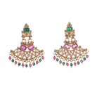 "Gold-tone necklace with multi-color stones adds vibrant style and festive charm."
