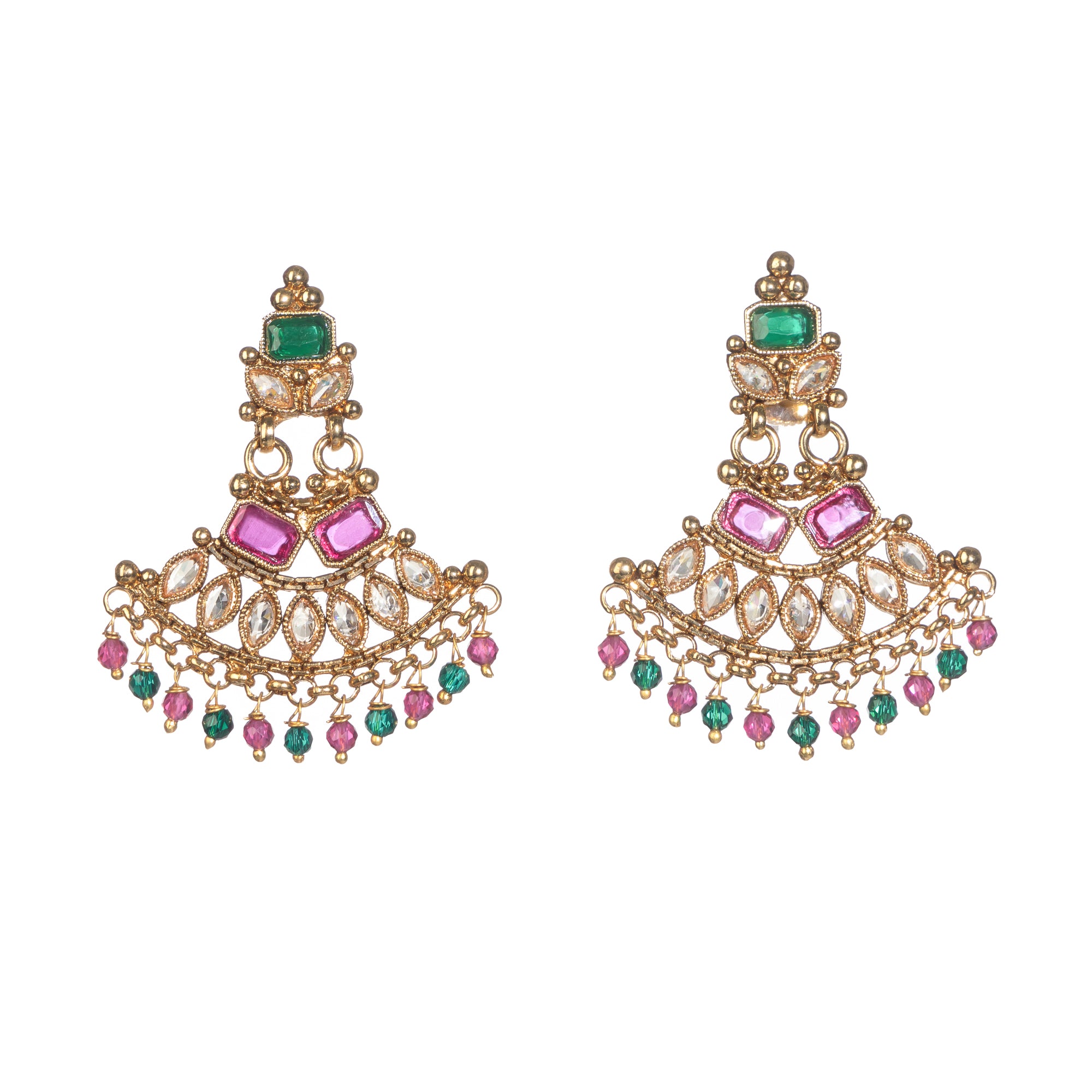 "Gold-tone necklace with multi-color stones adds vibrant style and festive charm."
