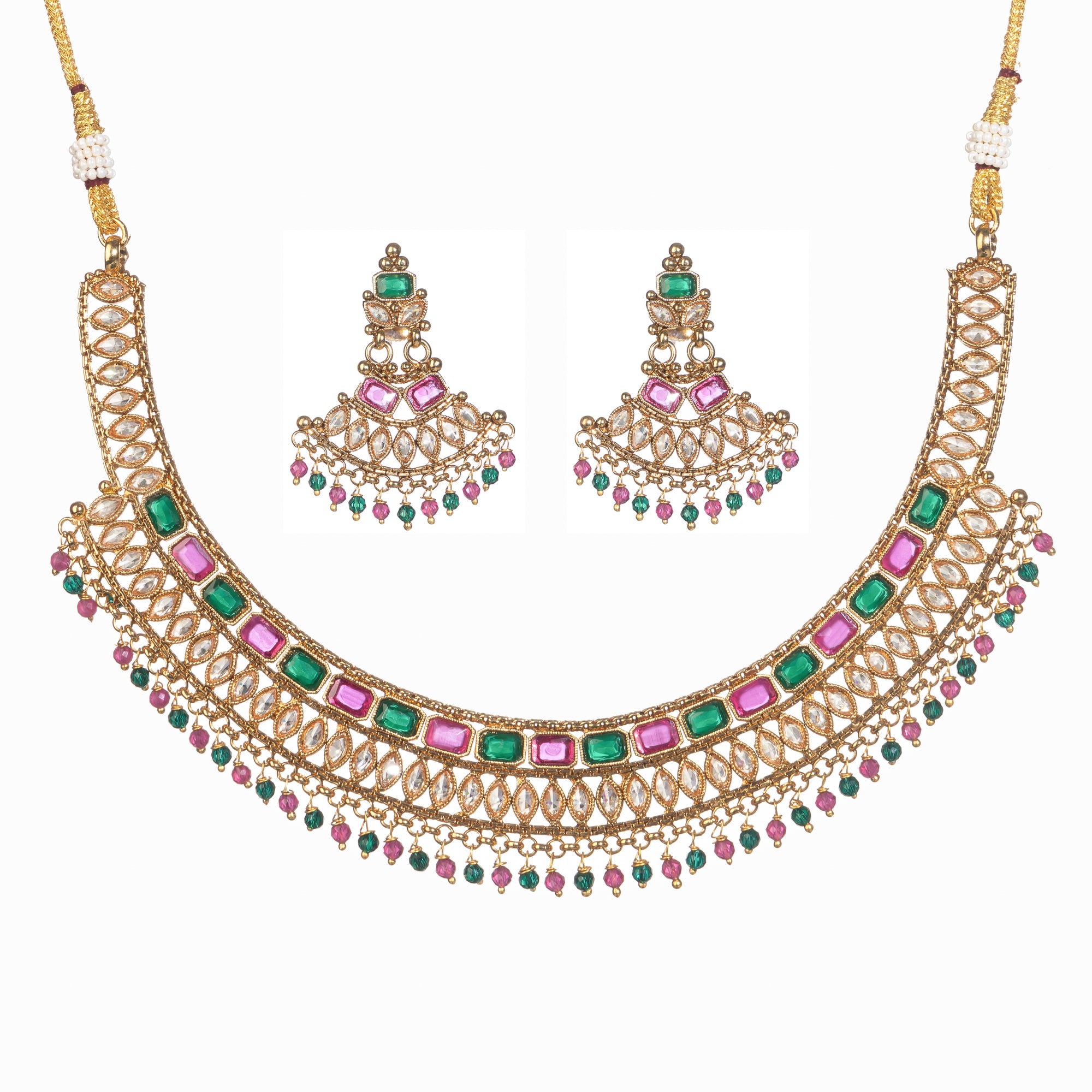 "Gold-tone necklace with multi-color stones adds vibrant style and festive charm."
