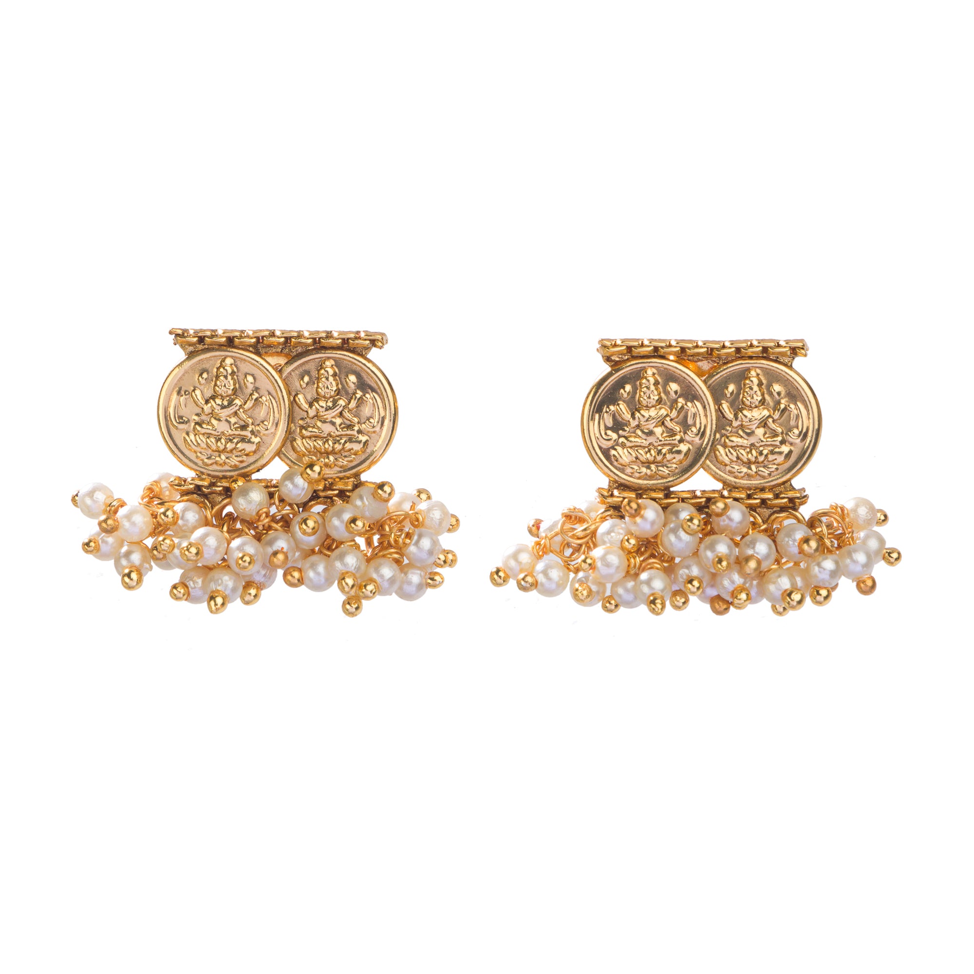 Gold-tone necklace with coin design and pearls exudes timeless elegance.
