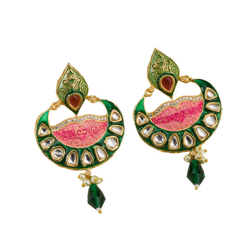 Green and pink Meenakari earrings feature colorful enamel for a traditional look.
