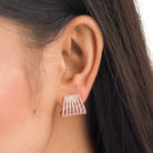 Trendy zircon studs with rose gold polish add a sleek and modern touch.
