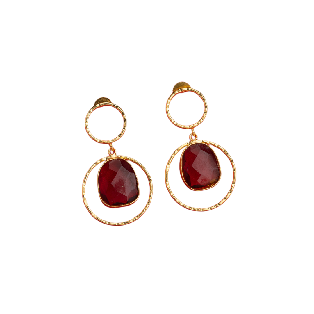 Bold gold-tone dangler earrings with red stone for a striking, luxurious look
