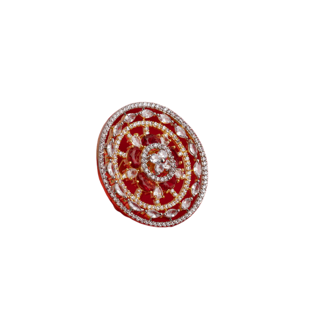 Red zircon floral design gold finger ring adds vibrant elegance with a sparkling touch.
