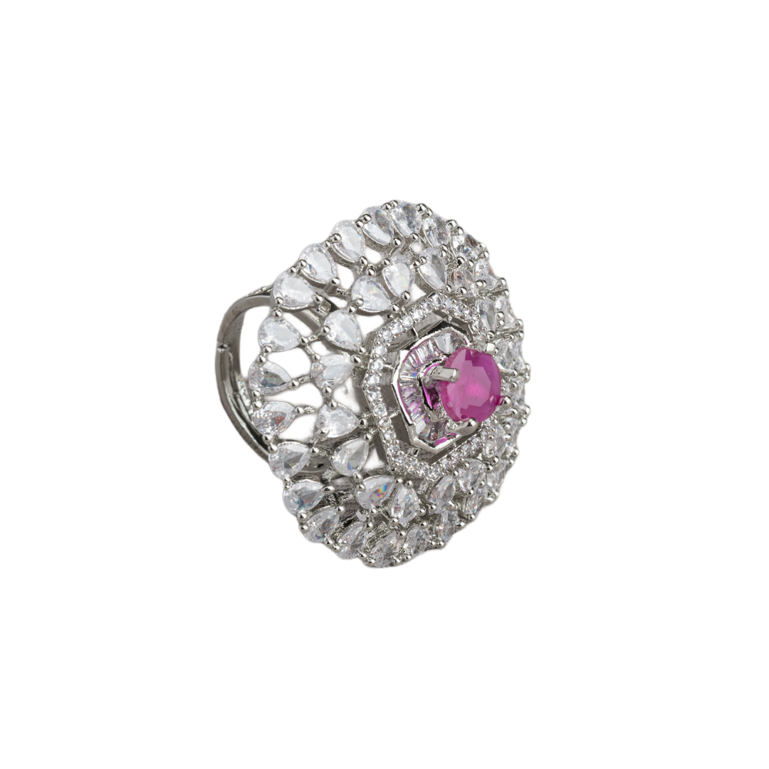 Zircon finger ring with pink stone adds a delicate and elegant touch, perfect for any occasion.
