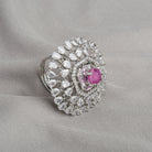 Zircon finger ring with pink stone adds a delicate and elegant touch, perfect for any occasion.
