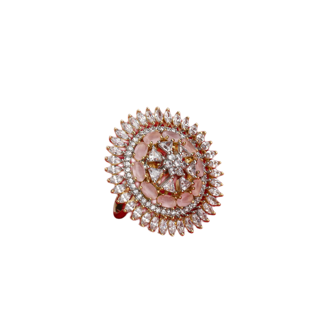 Zircon finger ring with orchid stones offers a vibrant, sophisticated sparkle for parties.
