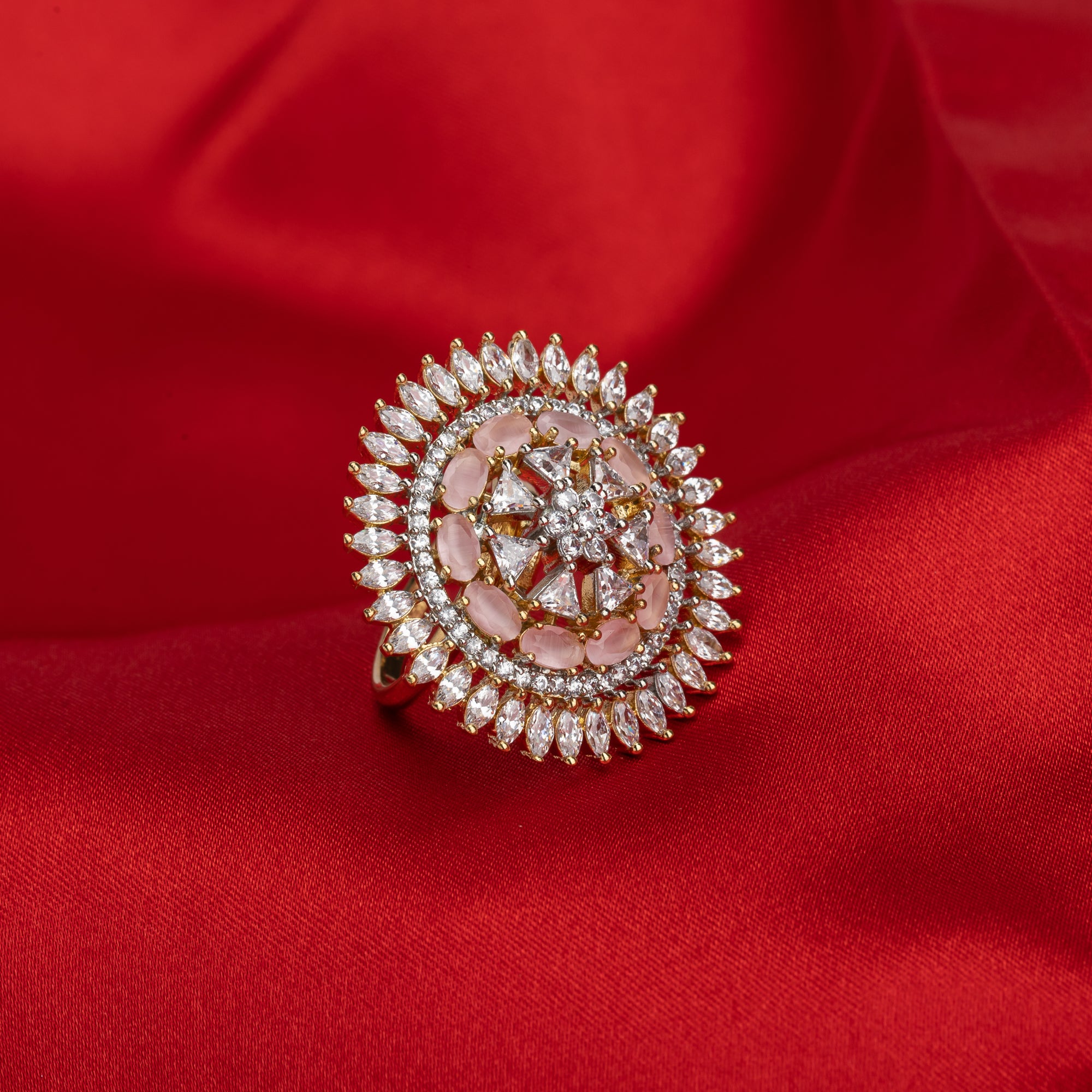 Zircon finger ring with orchid stones offers a vibrant, sophisticated sparkle for parties.
