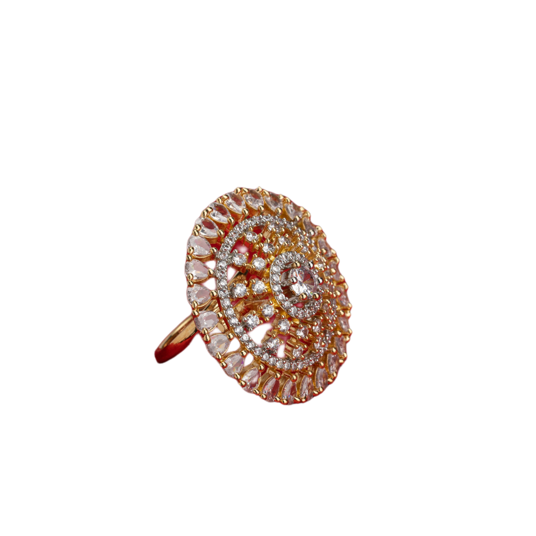 Golden zircon finger ring combines luxurious sparkle with a timeless gold-tone finish.
