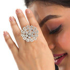 Silver zircon floral ring offers a blend of timeless charm and sparkling beauty, perfect for parties.
