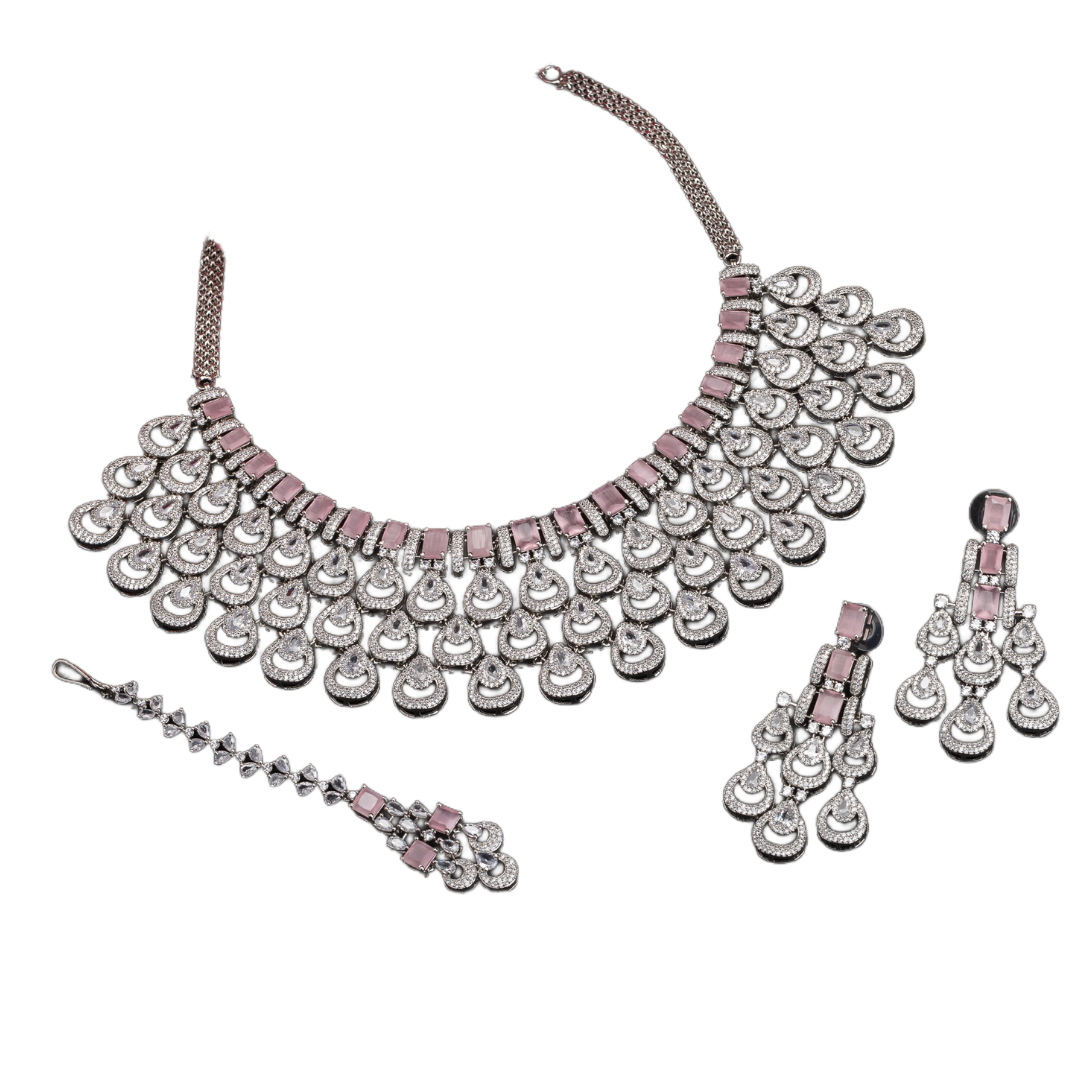 Orchid zircon bridal necklace set with earrings and maangtika.
