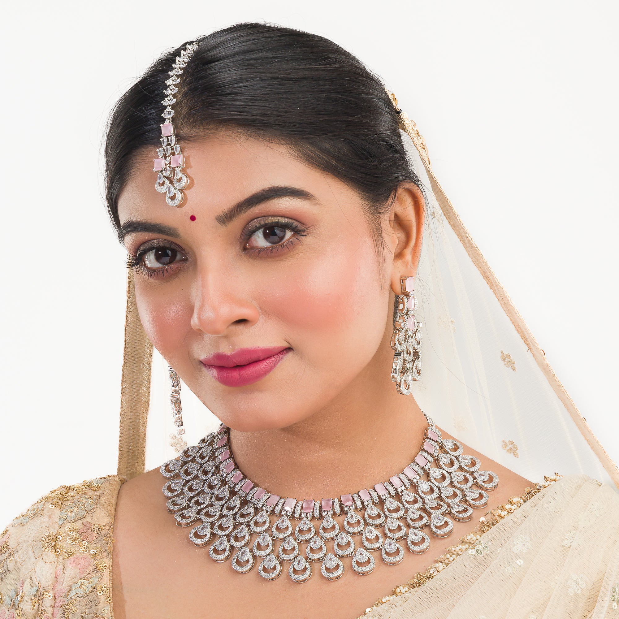 Orchid zircon bridal necklace set with earrings and maangtika.

