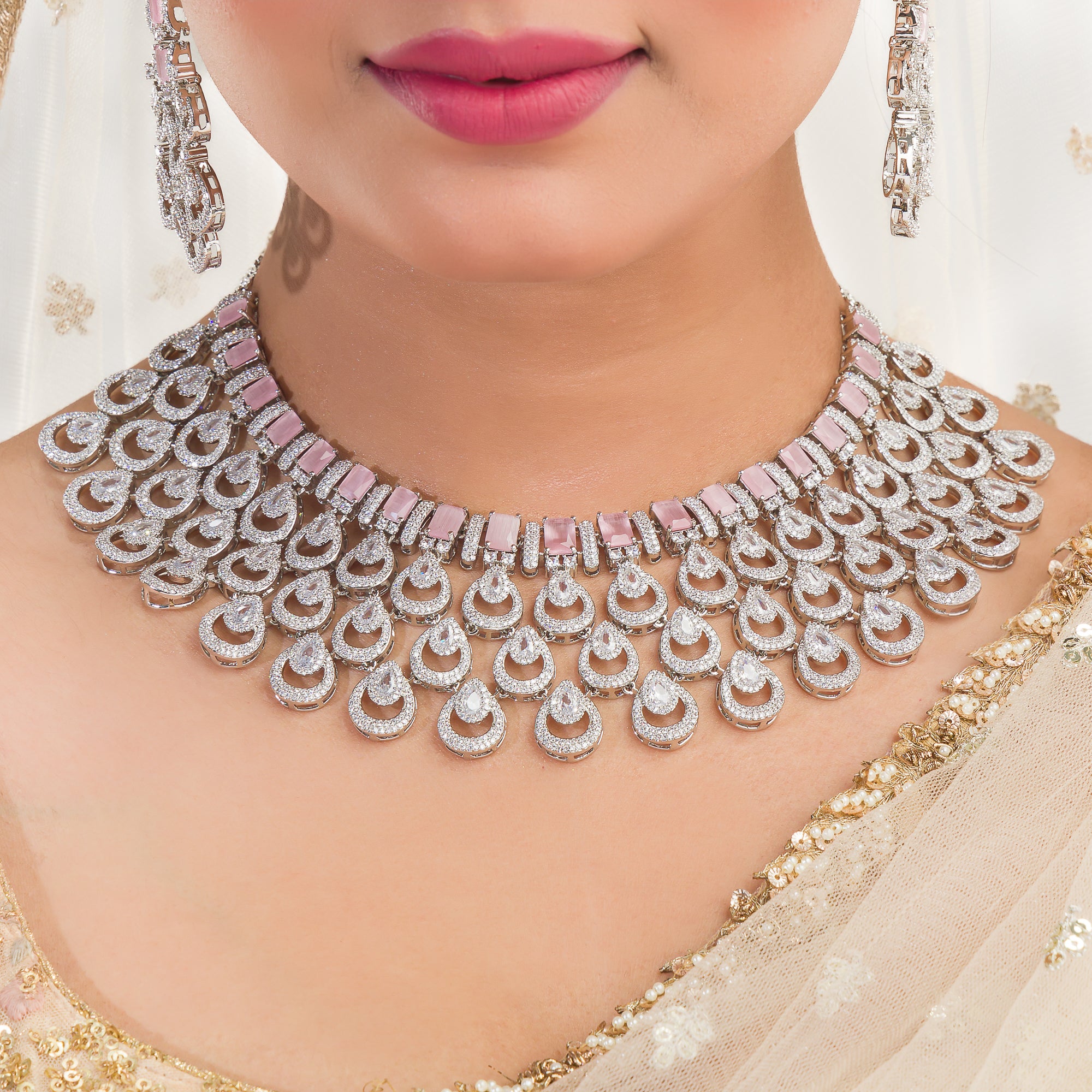 Orchid zircon bridal necklace set with earrings and maangtika.
