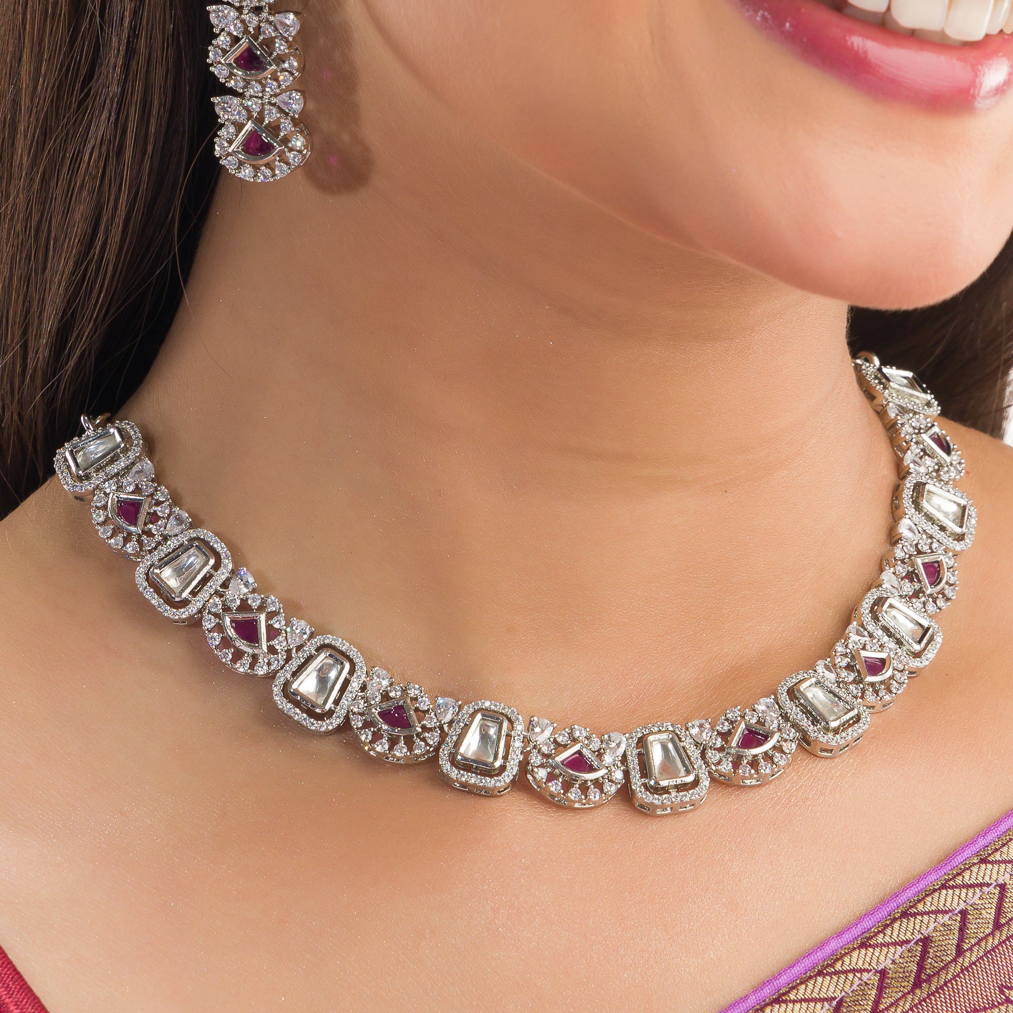 Purple zircon necklace set in silver for an elegant and stylish party look.
