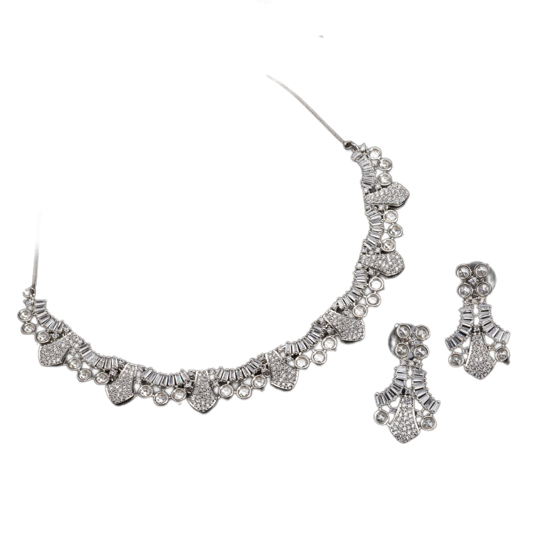 White zircon stone-studded short necklace set with matching earrings for timeless elegance.
