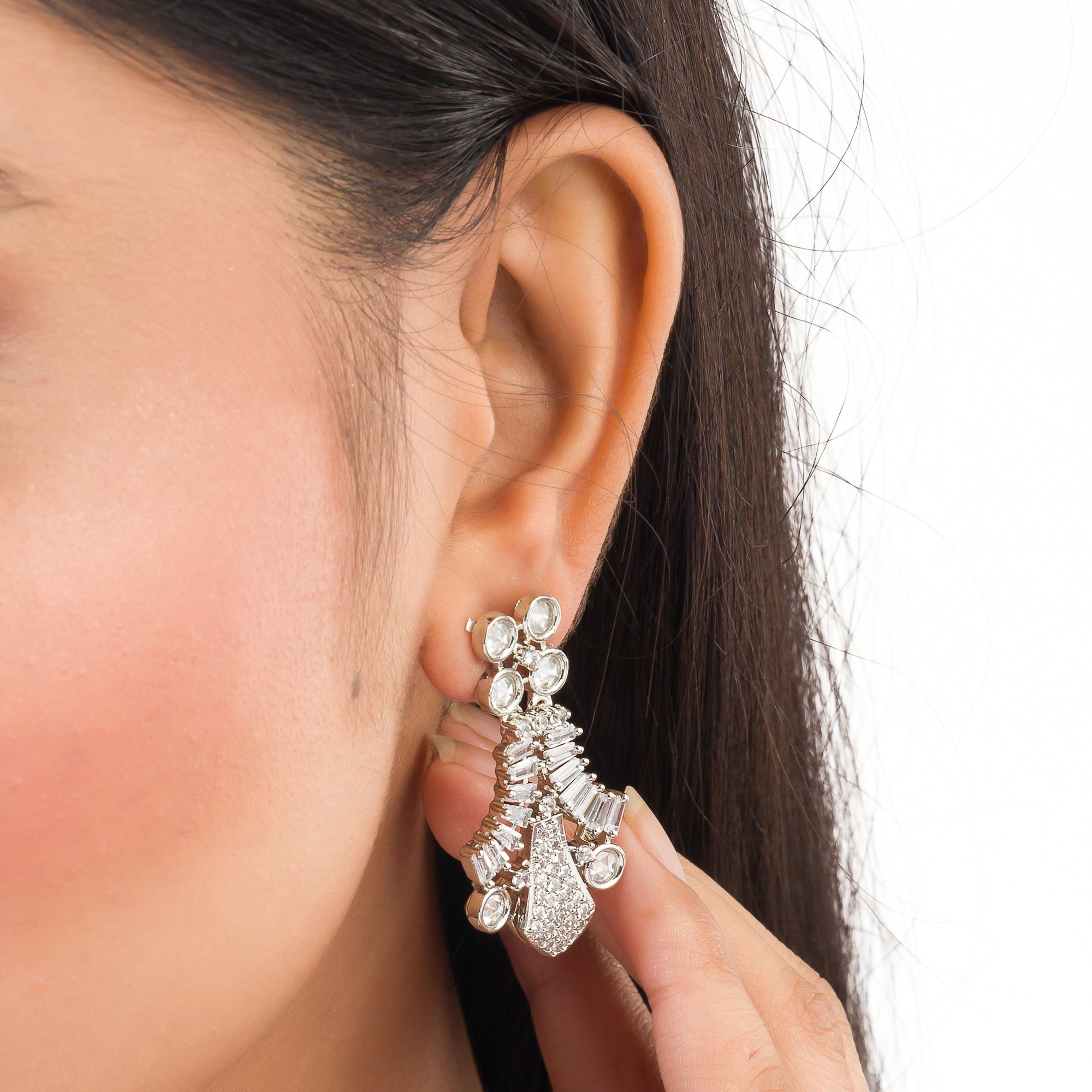 White zircon stone-studded short necklace set with matching earrings for timeless elegance.

