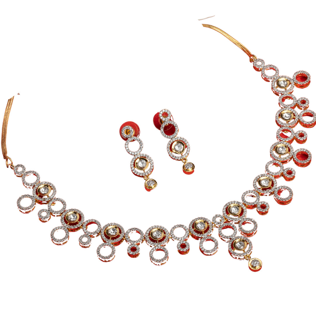 Golden polish zircon necklace set with matching earrings, offering luxury and elegance.
