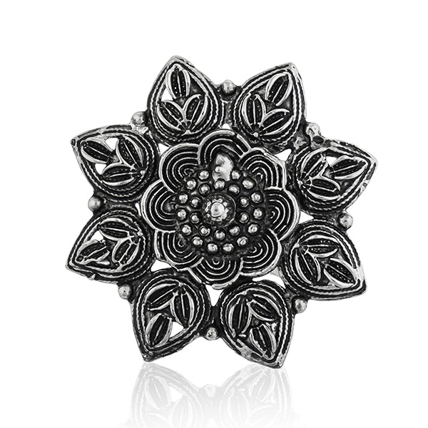 Vintage-inspired oxidized floral design finger ring with intricate patterns and antique finish.
