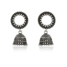 "Elegant oxidized silver jhumkas with intricate detailing, blending tradition & modern style."
