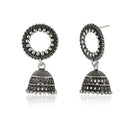 "Elegant oxidized silver jhumkas with intricate detailing, blending tradition & modern style."
